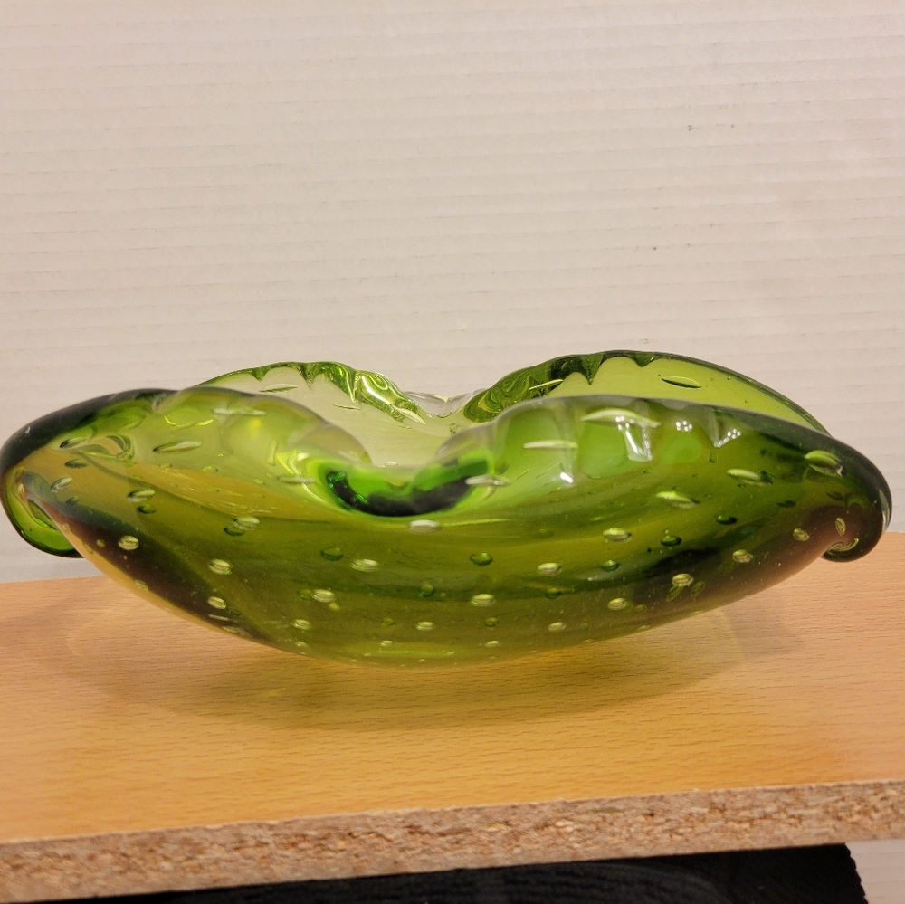 Vintage Murano Alfredo Barbini Bullicante Olive Green Ashtray Swirl Design - Picture 6 of 10